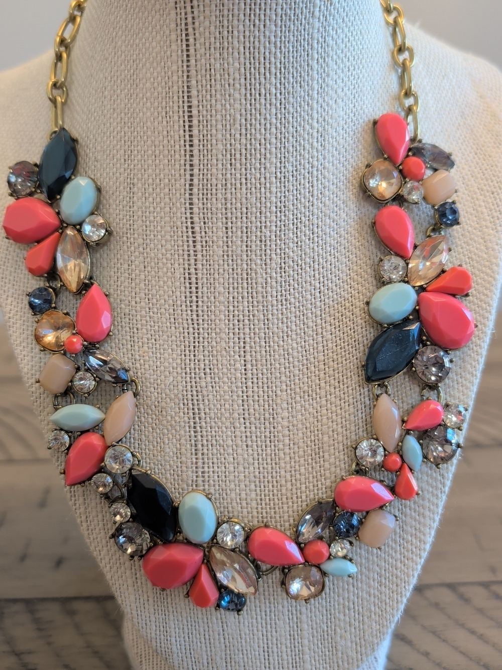 J. Crew Coral, Light Blue & Navy Gem Bib Necklace